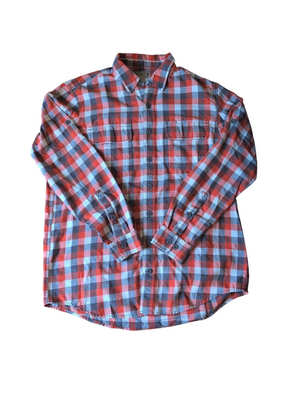 Duluth Trading Plaid Flannel Shirt Red Gray White, Roll Up Sleeves Men Lg / Tall